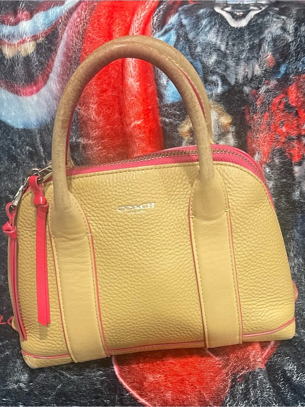 Coach Bleeker Mini Preston Tan Pebbled Leather Satchel with Pink Trim